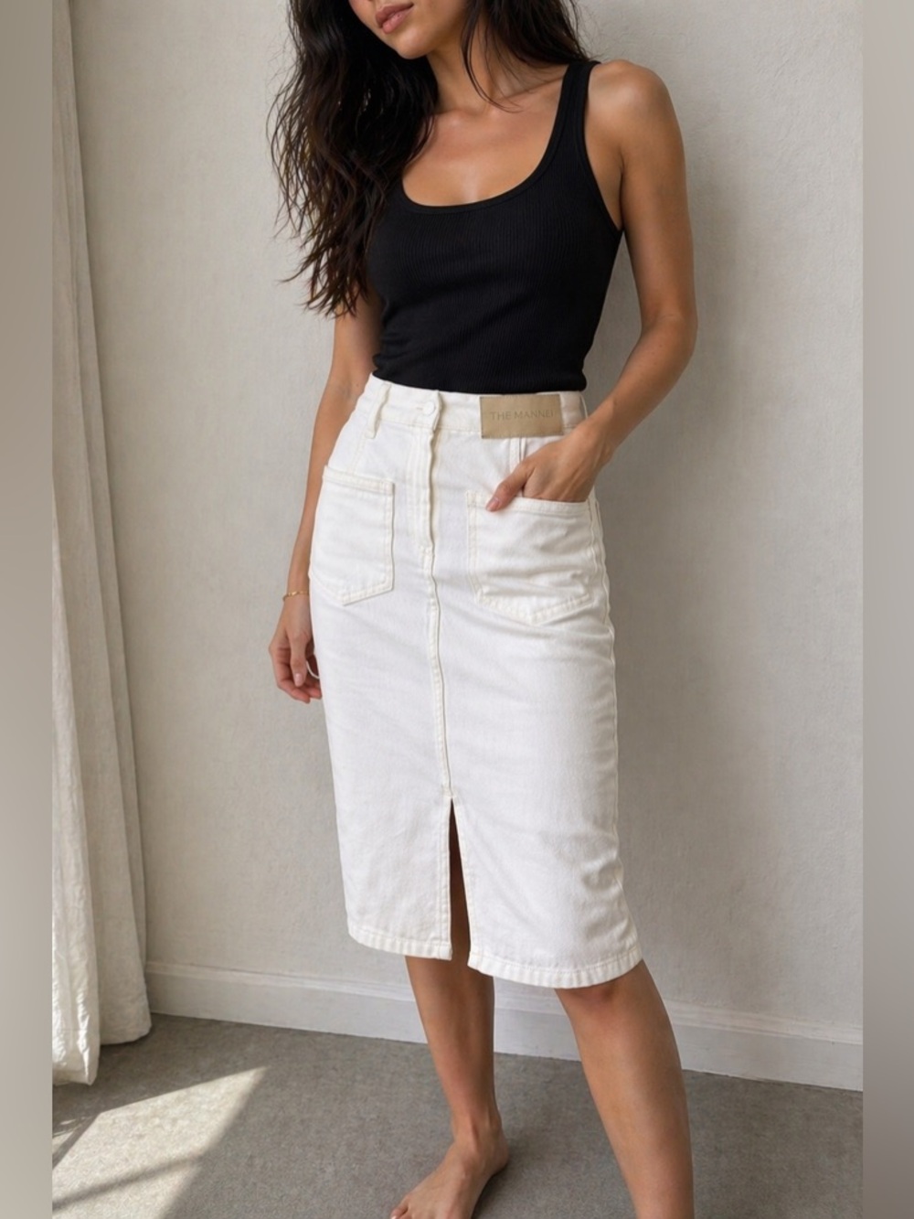 The Mannei White Denim Pencil Skirt XS Minimalist Scandi Clean Girl Coastal